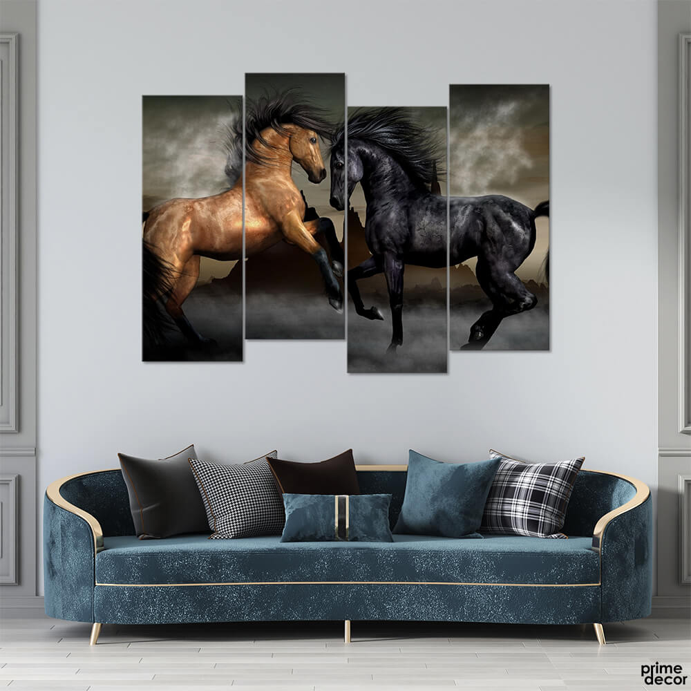 Black and gold fighting horses 4 panel wall art displayed in living room