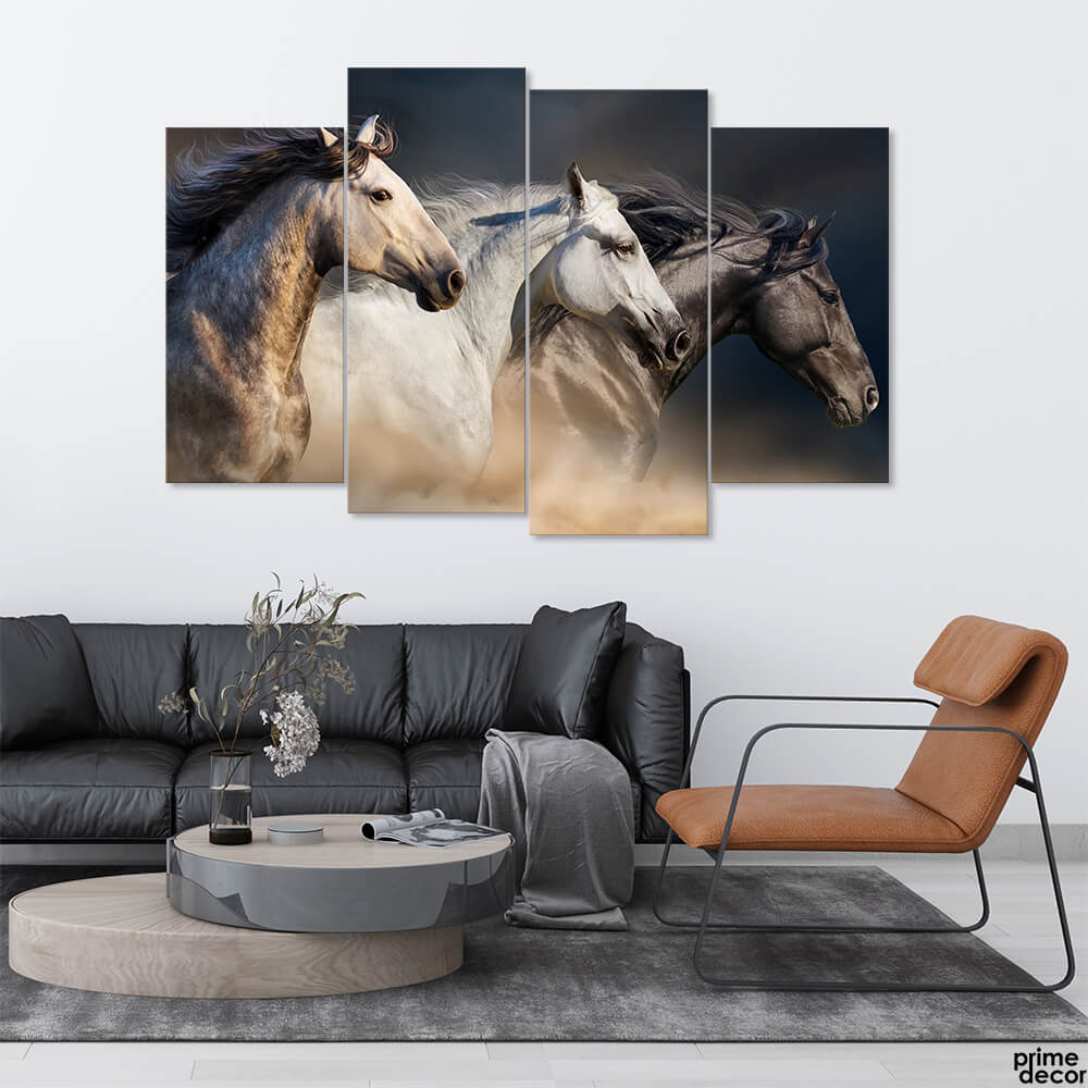 Elegant horses running in wind 4 panel wall art in living room