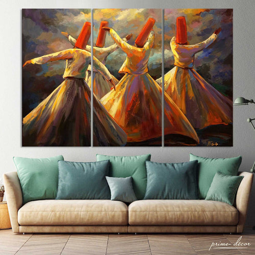 Spiritual Sufi dancers 3 panel wall art in living room
