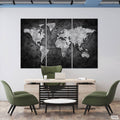 World map silver black currency 3 panel wall art in office