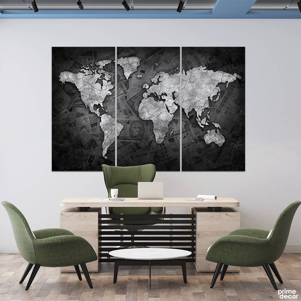 World map silver black currency 3 panel wall art in office
