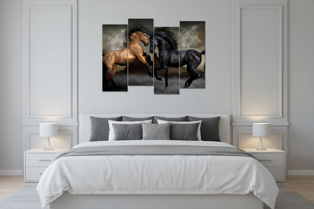 Black and gold fighting horses canvas art in bedroom setting
