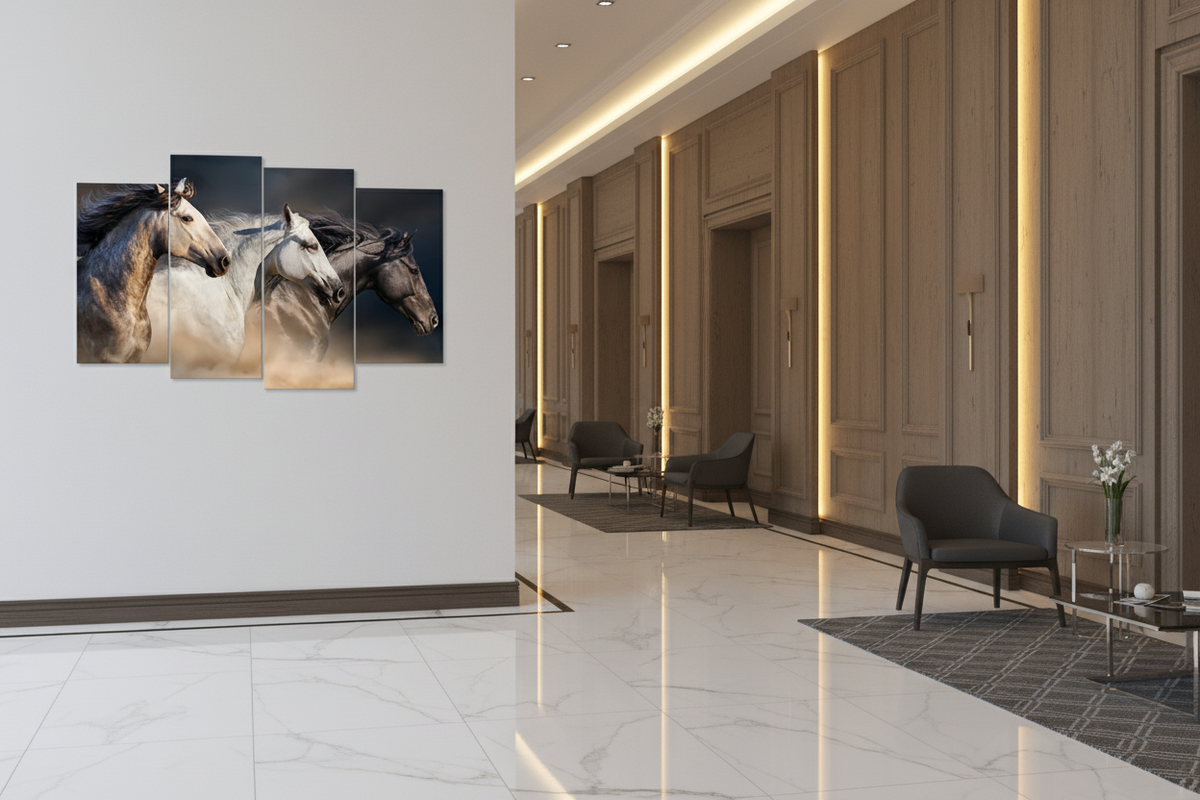 Elegant horses canvas art in hotel lobby setting