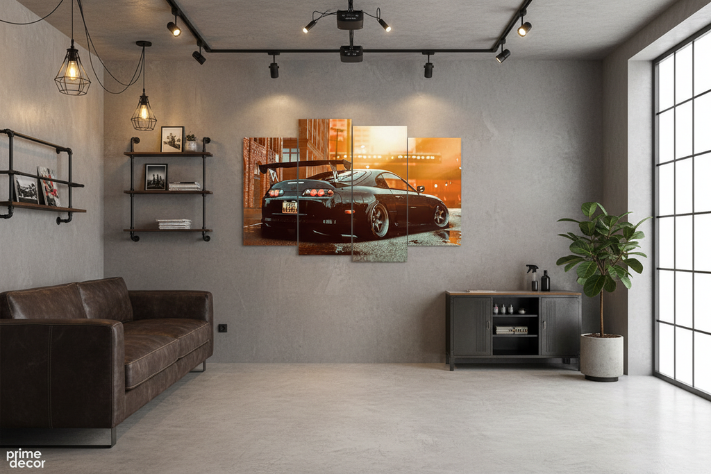Toyota Supra canvas art in garage lounge setting