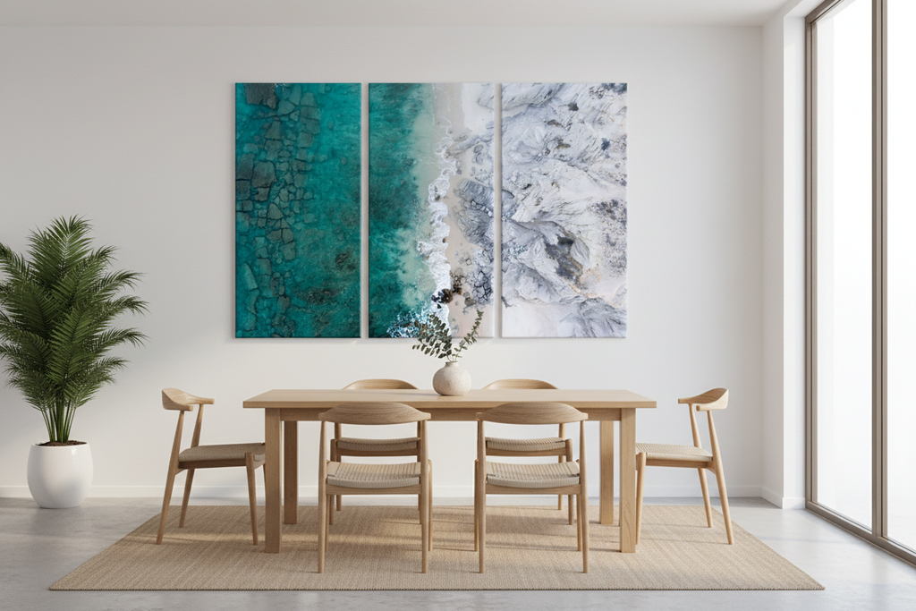 Seascape canvas art in dining room setting