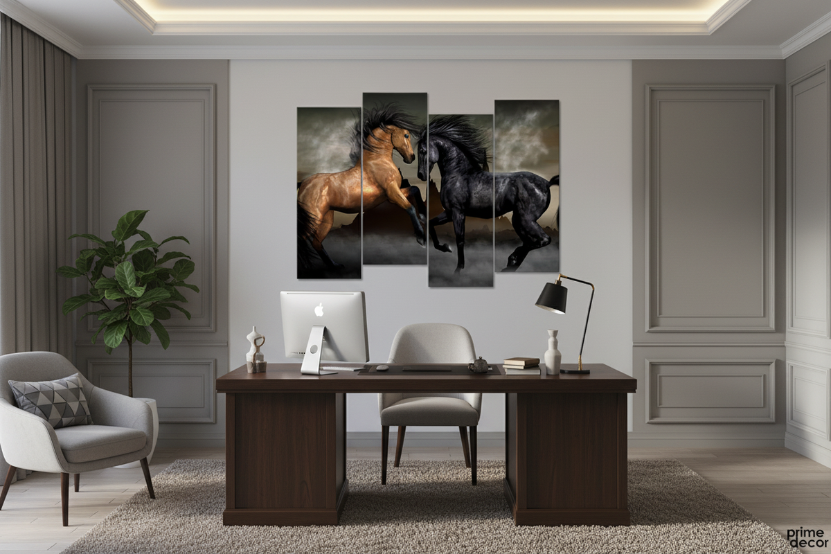 Black and gold fighting horses canvas art in home office setting