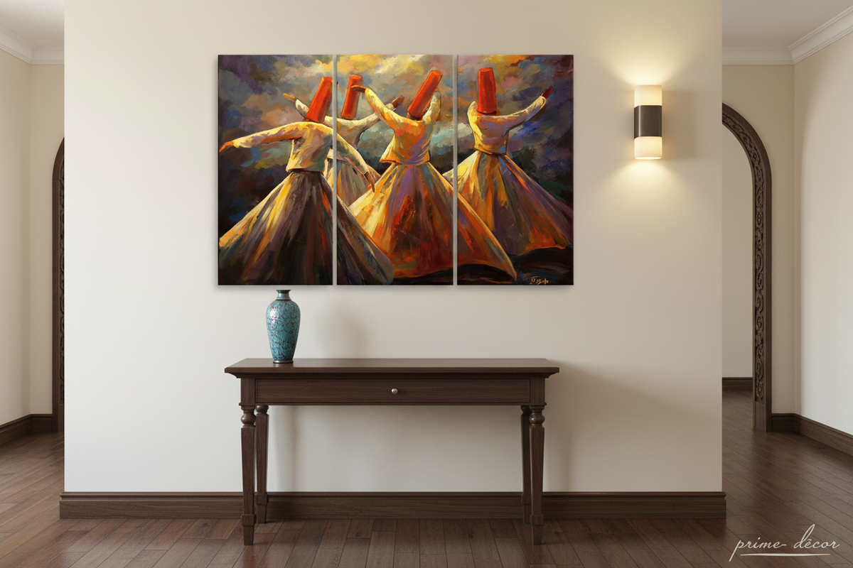 Sufi dancers canvas art in hallway setting