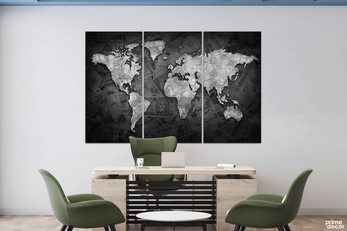 World map canvas art in executive office setting