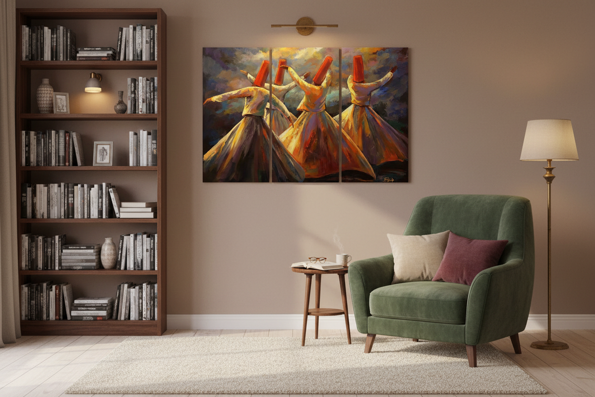 Sufi dancers canvas art in reading nook setting
