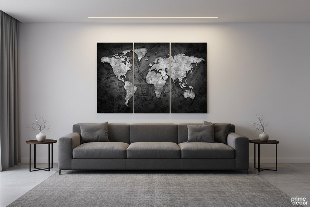 World map canvas art in modern living room setting